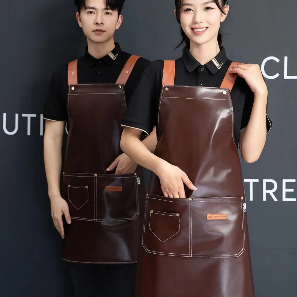 Custom PU Leather Sleeved Aprons with Logo | 50 MOQ for Restaurant Kitchen & Catering Staff Uniforms