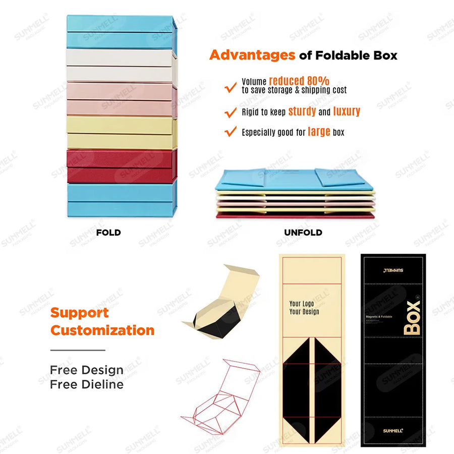 Custom Folding Magnetic Gift Box with Ribbon | Collapsible, 1,000 MOQ, Gold Foil