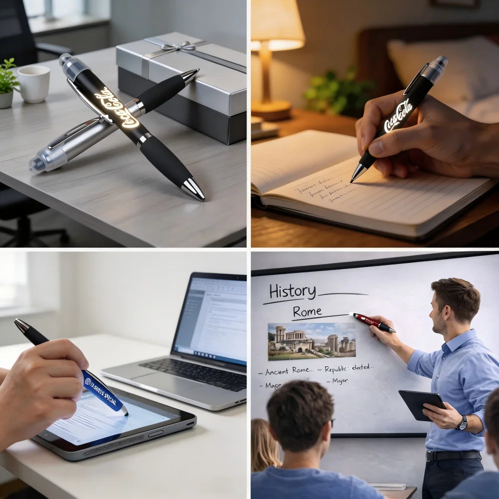Custom 3-in-1 LED Pens 100 MOQ | Laser Engraving Stylus Promotional Gifts