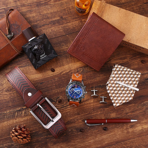 Custom 7-Piece Gift Sets 2 MOQ | Quartz Watch Belt Wallet Tie Perfume