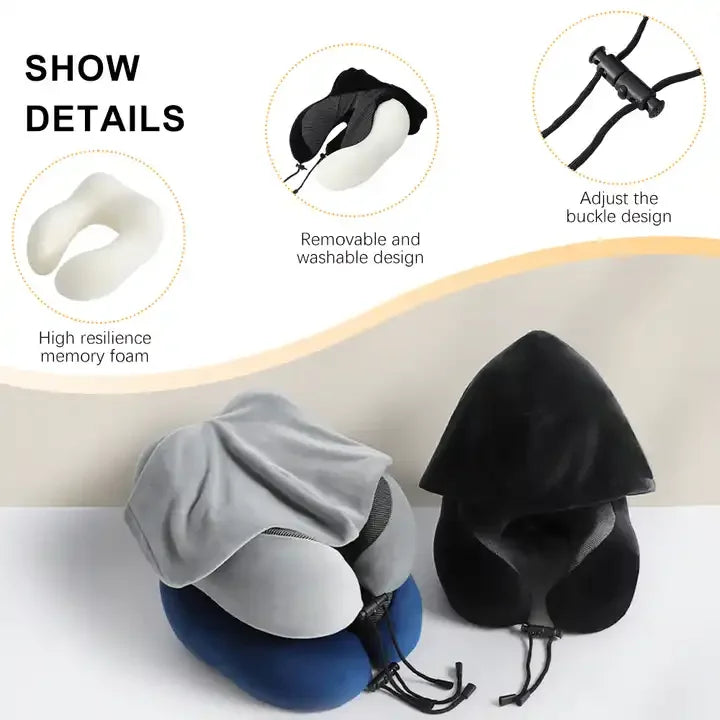 High Support Memory Foam U Shaped Travel Neck Pillow with Hood