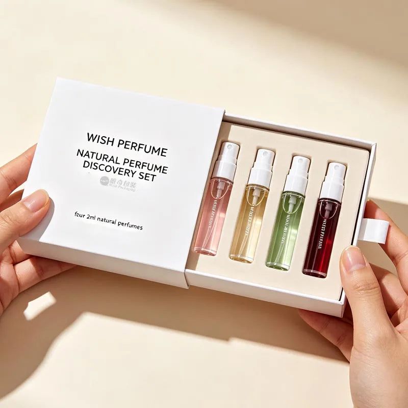 Custom Perfume Sample Gift Sets 500 MOQ | Book-Shaped Magnetic Box 4×2ml