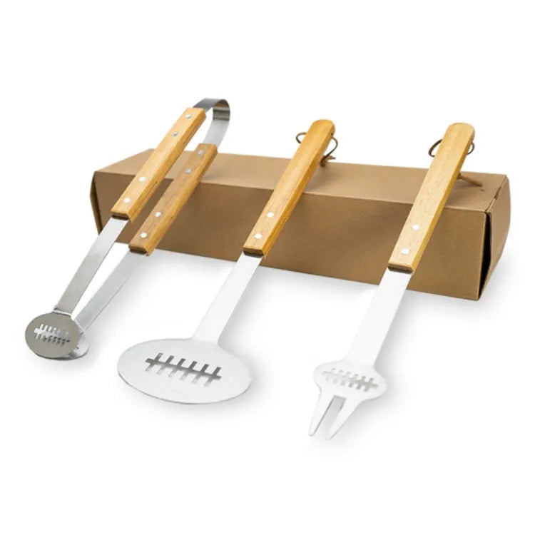 Custom Wooden Handle BBQ Tool Set: Stainless Steel, Laser Engraved Logo, MOQ 100 for Grilling & Camping