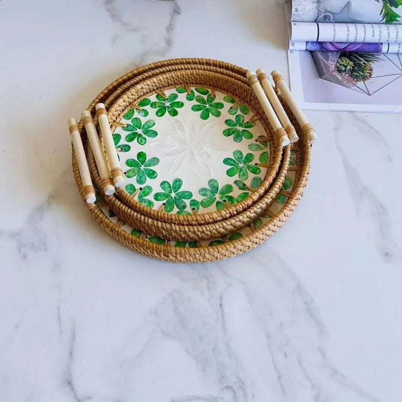 Double-Ear Rattan Fruit Plate | Hand-Woven | 50 MOQ | Colorful Shell