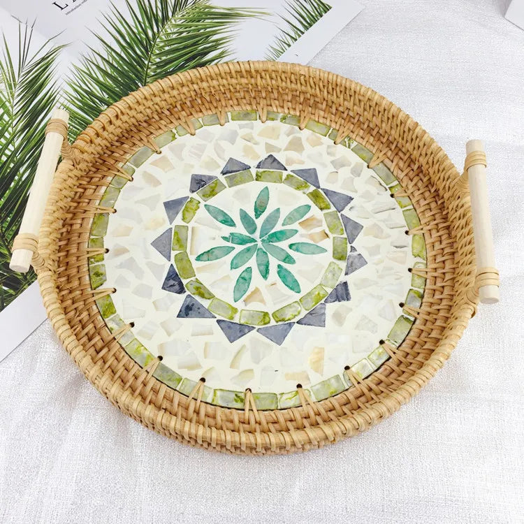 Double-Ear Rattan Fruit Plate | Hand-Woven | 50 MOQ | Colorful Shell