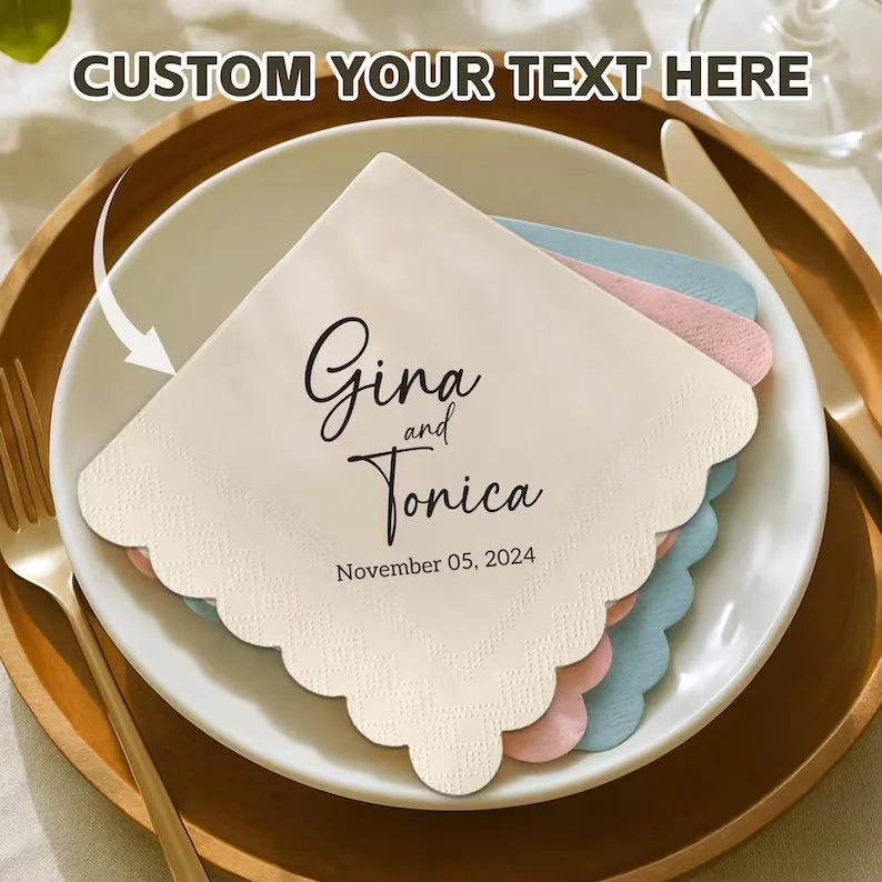 Personalized Scalloped Napkins | Custom Name/Date, 50,000 Pcs MOQ