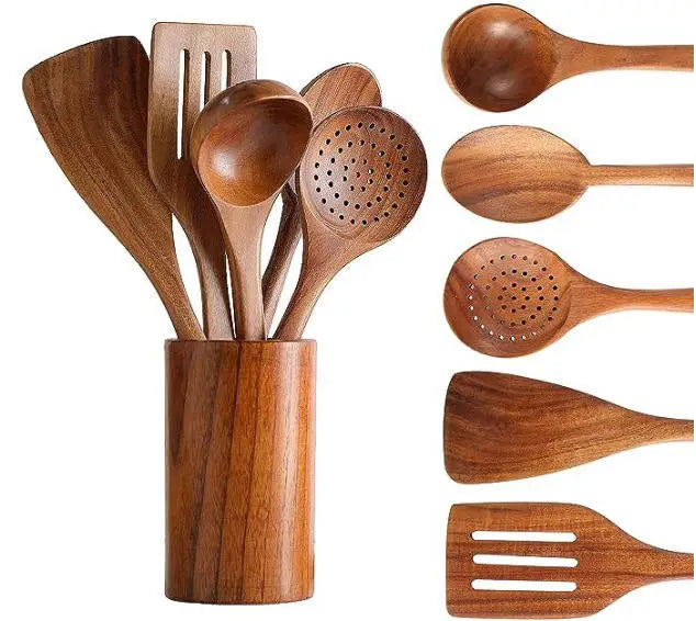 Acacia Teak Wood Utensil Set 9-Piece | Non-Stick | 1 MOQ | Custom Logo
