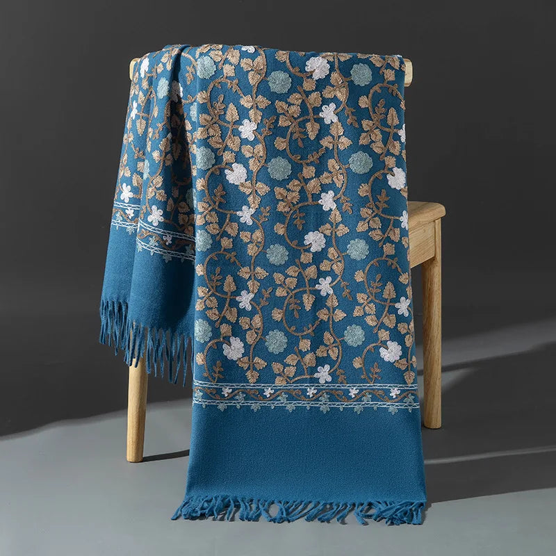 Embroidered Winter Polyester Scarf | Floral Design | Tassel Finish | 1 MOQ | Modest Fashion