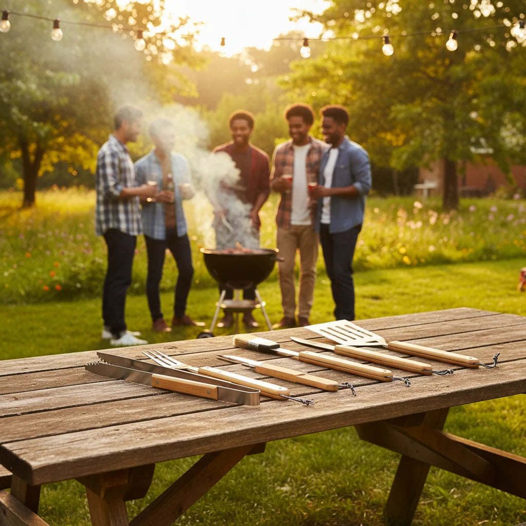 Wood Handle BBQ Tool Kit | 6-Piece Grilling Set