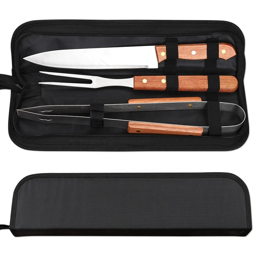 4 Pieces OEM Engraved Soild Wooden Handle Barbeque Grill Tool Barbecue Accessories Set BBQ Accessories With Portable Bag