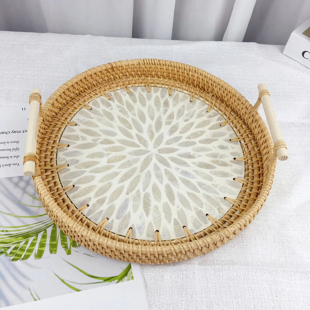 Double-Ear Rattan Fruit Plate | Hand-Woven | 50 MOQ | Colorful Shell
