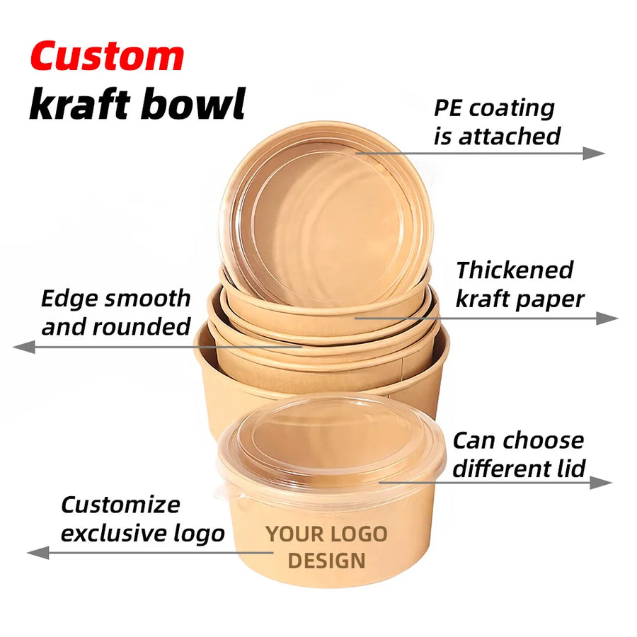Custom Kraft Paper Bowls with Logo | 750ml Biodegradable Disposable