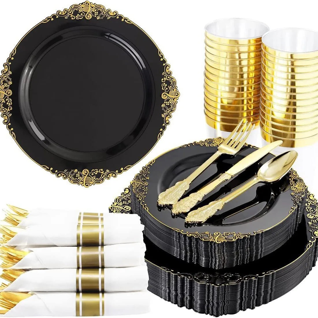 Black Gold Rim Plastic Plates — 2 MOQ, 45-Day Lead, Premium Event
