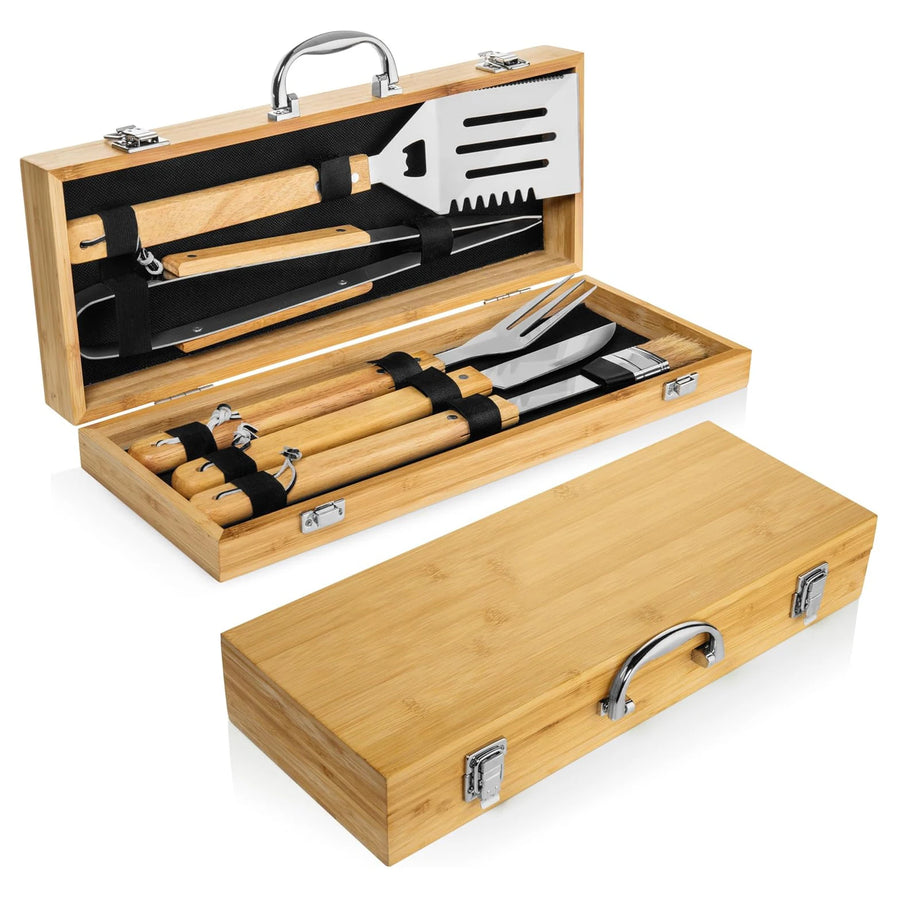 Wood Handle BBQ Tool Kit | 6-Piece Grilling Set