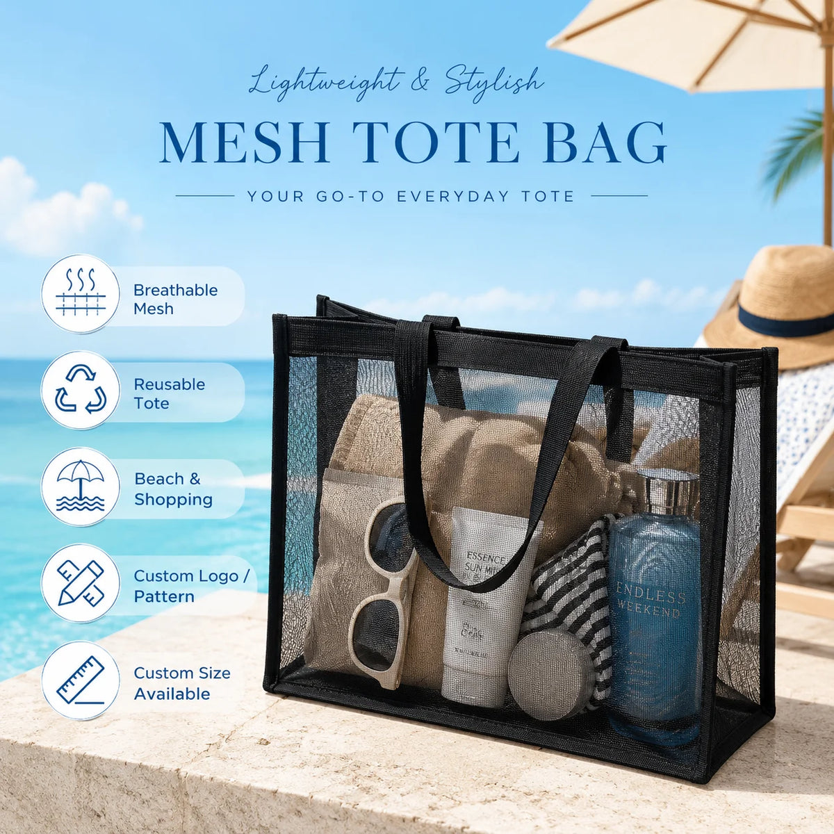 Custom Nylon Mesh Beach Tote with Logo | Reusable Bulk