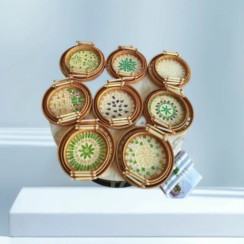 Double-Ear Rattan Fruit Plate | Hand-Woven | 50 MOQ | Colorful Shell