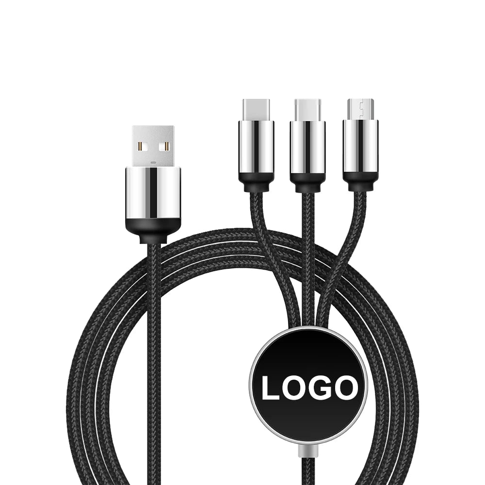 Custom 3-in-1 Braided Charging Cable with LED Logo Disc