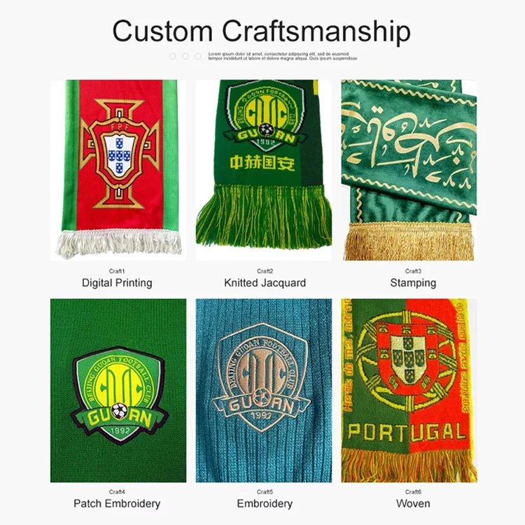 Custom Double-Sided Football Scarves | 50-Piece MOQ & 35-Day Lead Time | Jacquard Knitted | Team Merchandise