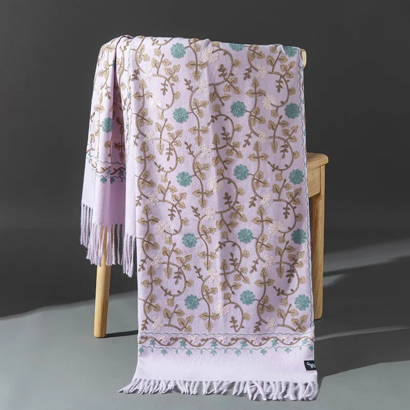 Embroidered Winter Polyester Scarf | Floral Design | Tassel Finish | 1 MOQ | Modest Fashion