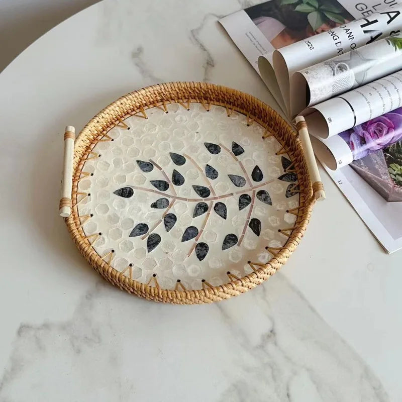 Double-Ear Rattan Fruit Plate | Hand-Woven | 50 MOQ | Colorful Shell
