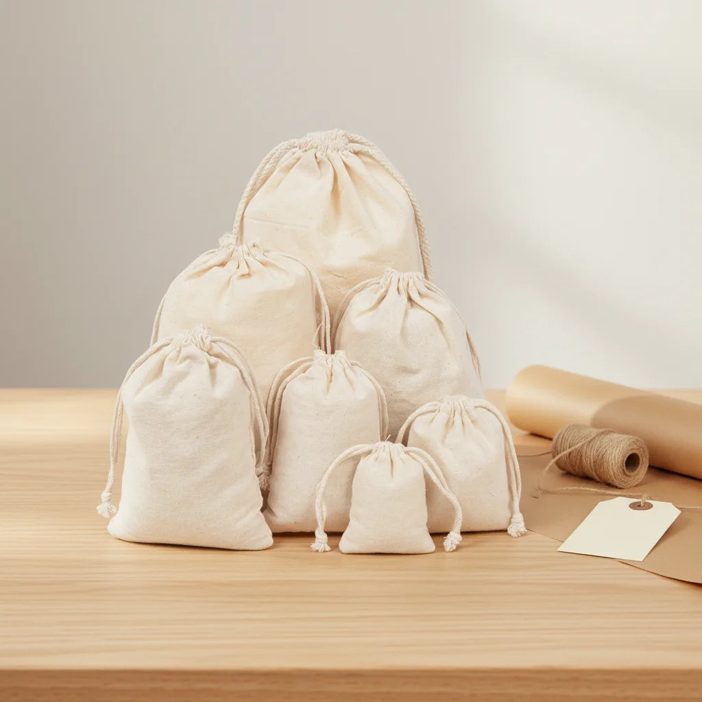 Custom Cotton Muslin Pouches with Logo | MOQ 1,000 | Hot Stamping