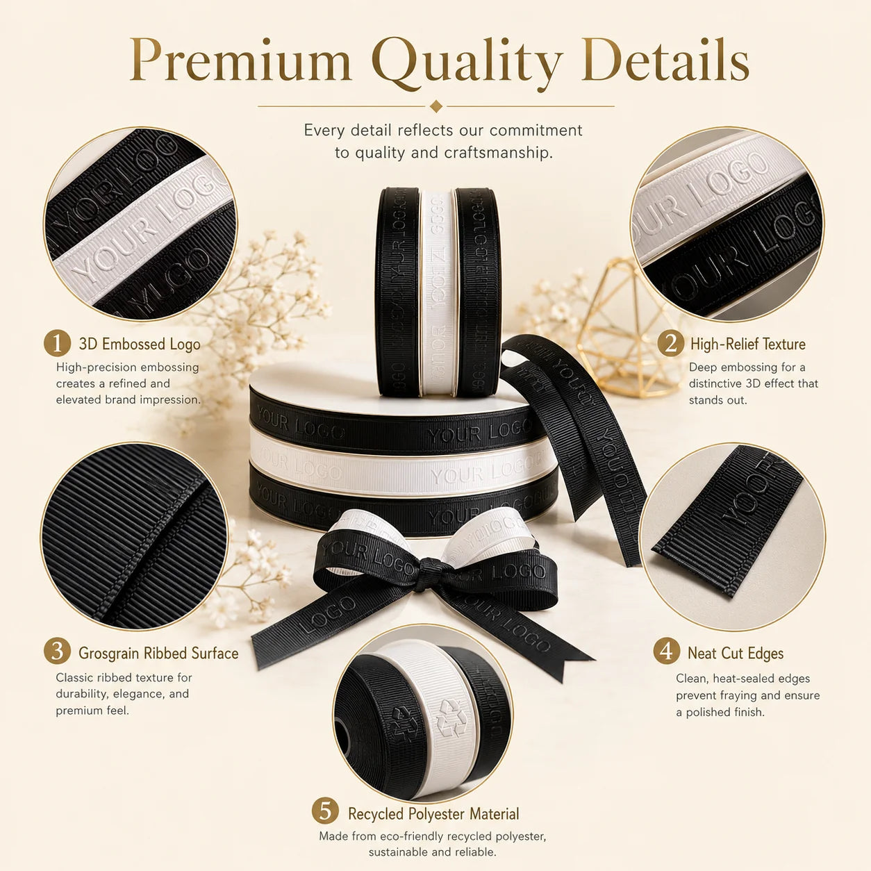 Custom 3D Embossed Recycled Polyester Ribbon | OEKO-TEX, GRS, 100 MOQ, 196 Colors