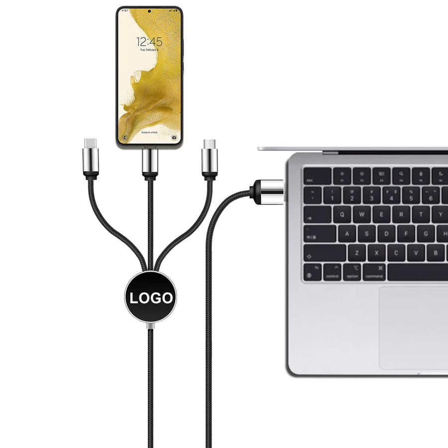 Custom 3-in-1 Braided Charging Cable with LED Logo Disc