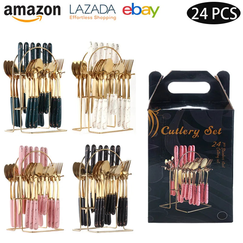 Marble Pattern Flatware Set 24-Piece | Stainless Steel 410 | 1 MOQ