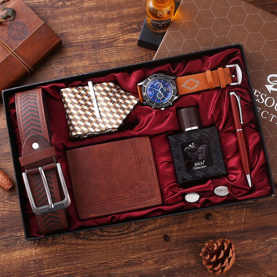 Custom 7-Piece Gift Sets 2 MOQ | Quartz Watch Belt Wallet Tie Perfume