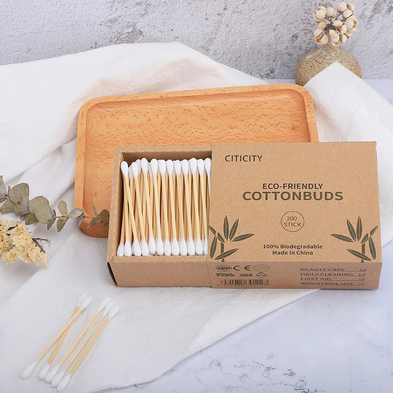 Eco-Friendly Cotton Buds 200pcs | Bamboo Sticks | Kraft Box | Bulk