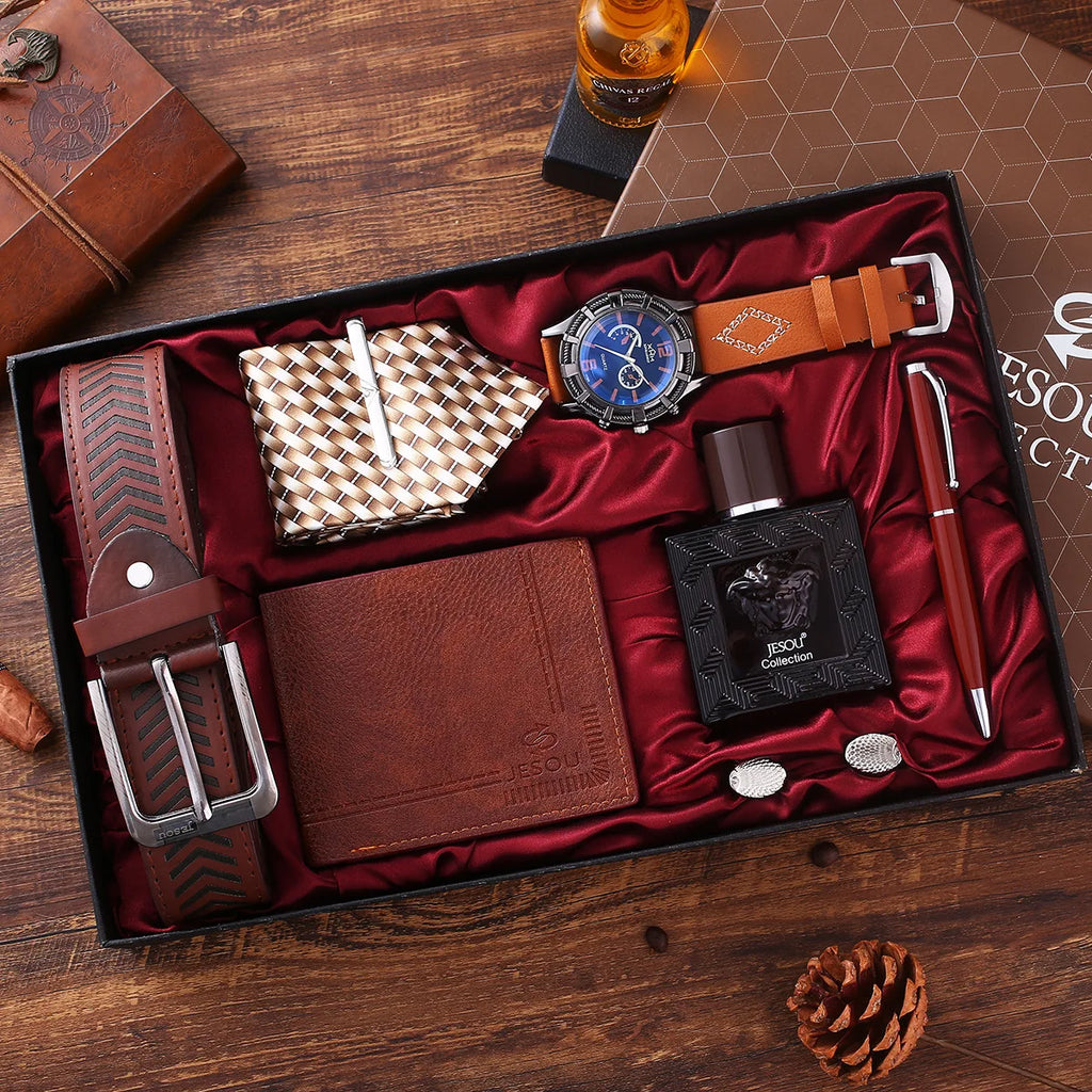 Custom 7-Piece Gift Sets 2 MOQ | Quartz Watch Belt Wallet Tie Perfume