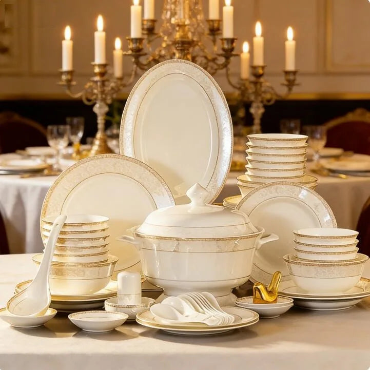 24pcs Embossed Gold Porcelain Tableware Set | Luxury Bone China