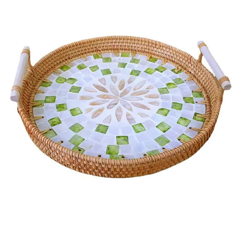 Double-Ear Rattan Fruit Plate | Hand-Woven | 50 MOQ | Colorful Shell