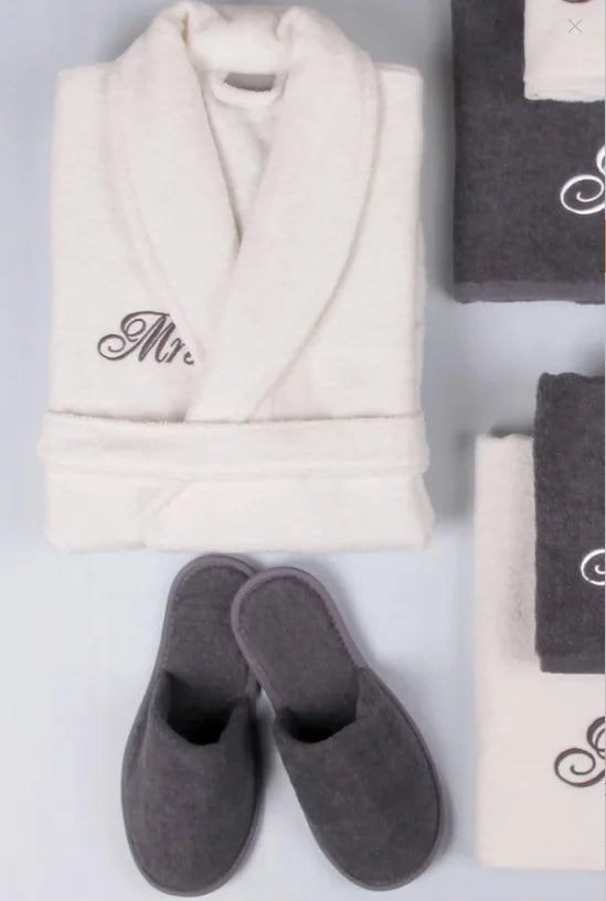 Hot Sale 100% Cotton Terry Bathrobe with Towel Slipper White Gray Couple Women and Men Robes with Customizable Embroidered LOGO