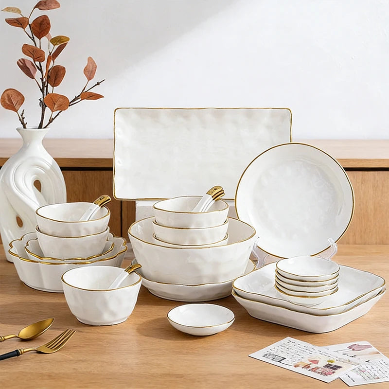 Nordic Ceramic Dinnerware Set | Gold Rim Tableware
