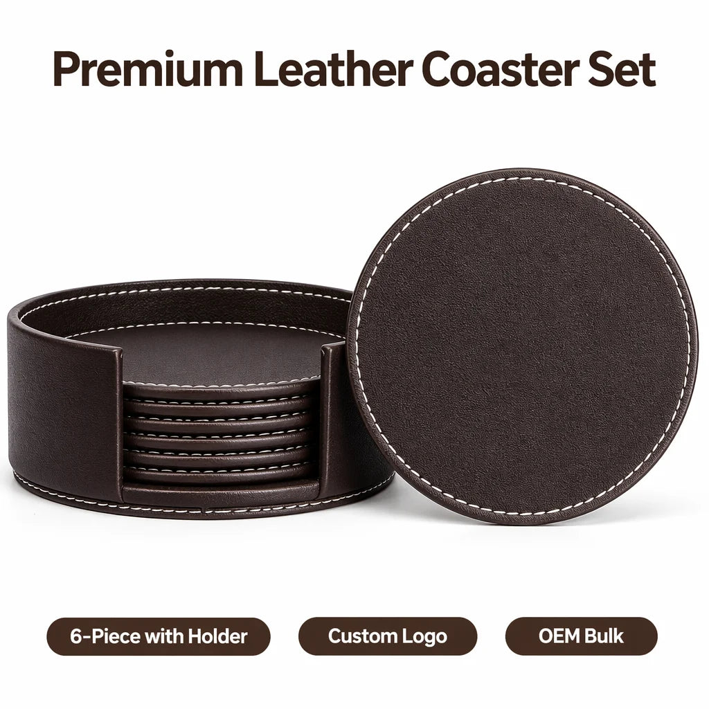 Custom Logo Leather Coasters with Holder | Wholesale OEM