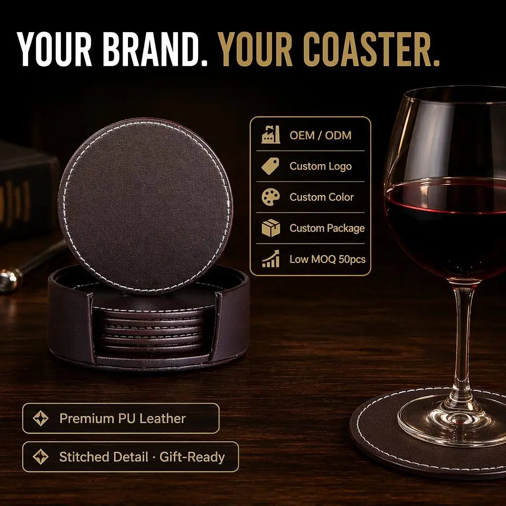 Custom Logo Leather Coasters with Holder | Wholesale OEM