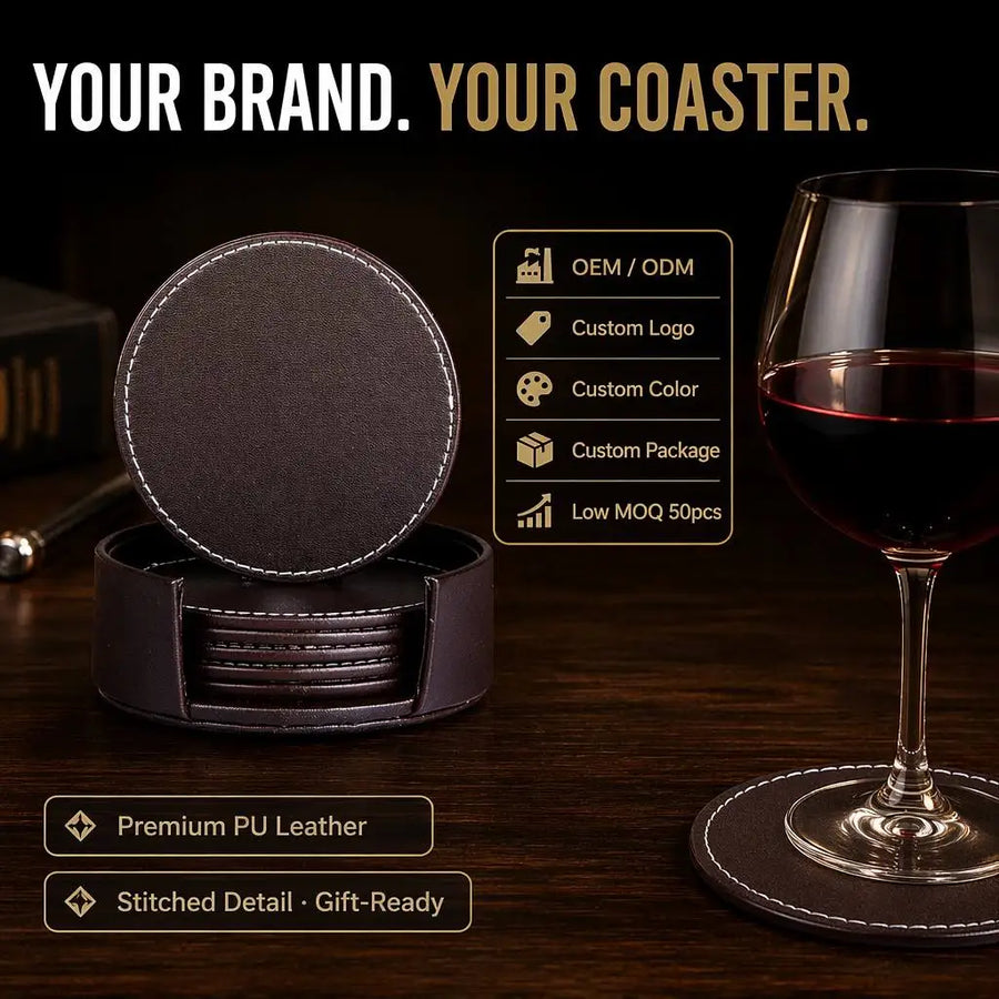 Custom Logo Leather Coasters with Holder | Wholesale OEM
