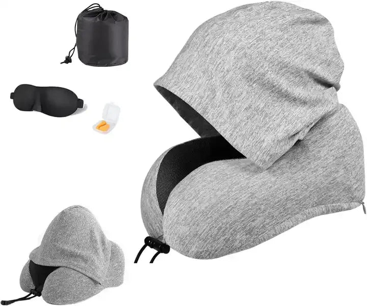 High Support Memory Foam U Shaped Travel Neck Pillow with Hood