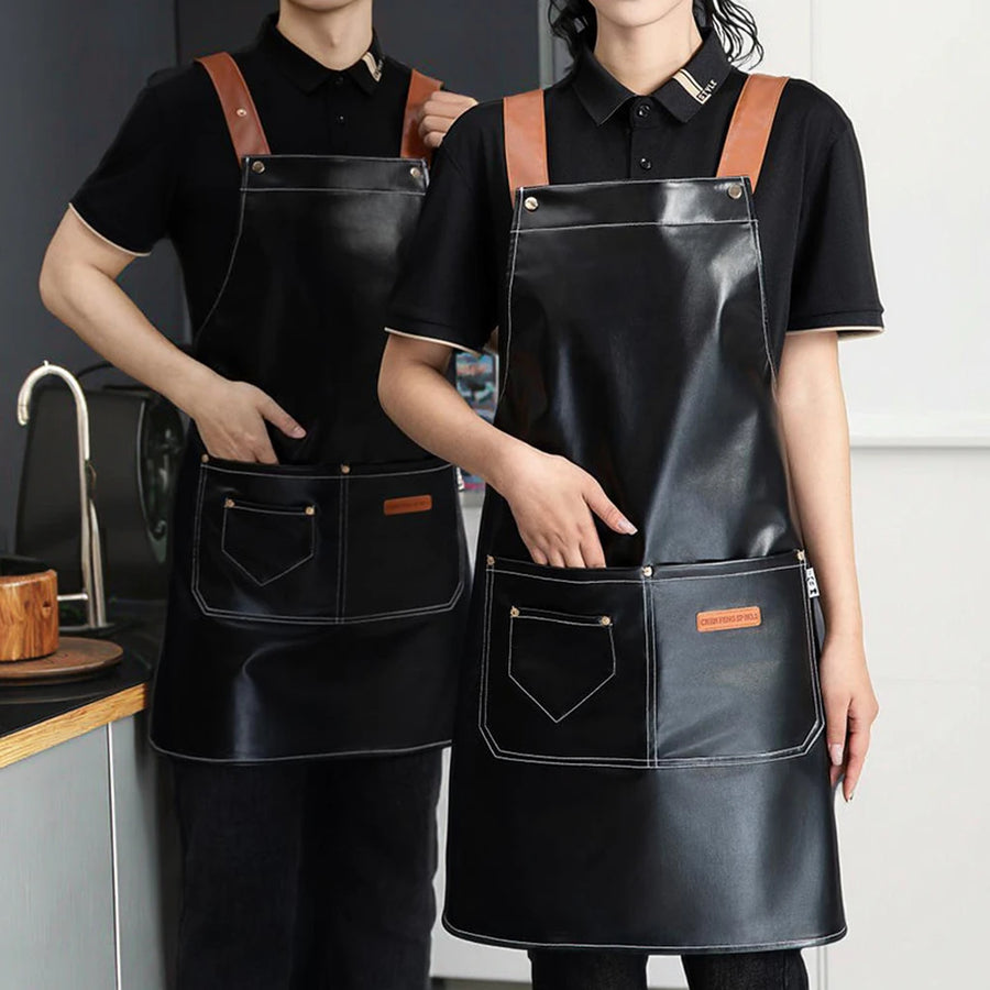 Custom PU Leather Sleeved Aprons with Logo | 50 MOQ for Restaurant Kitchen & Catering Staff Uniforms