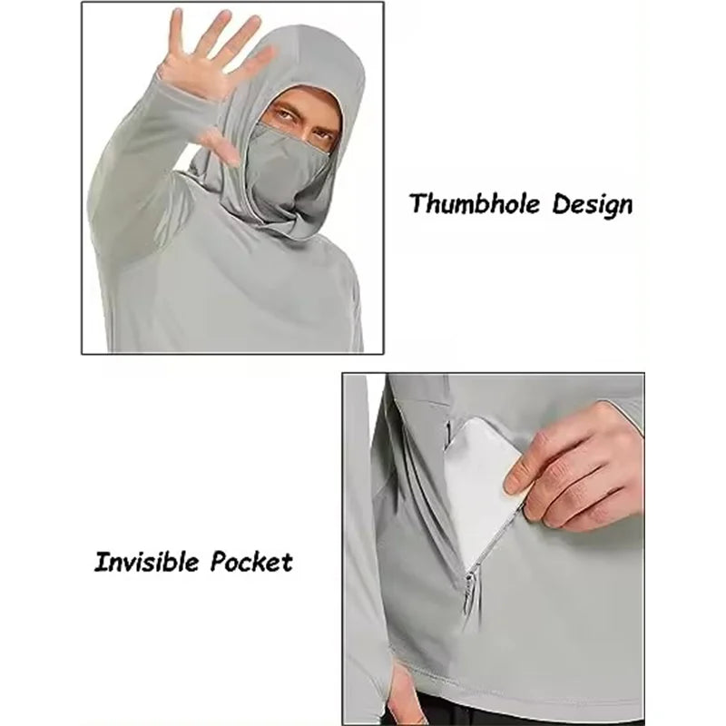 Custom Wholesale Men's Long Sleeve Performance Hoodie Anti-UV Fishing Wear with Mask UPF 50 Sun protection Clothes Fishing Shirt