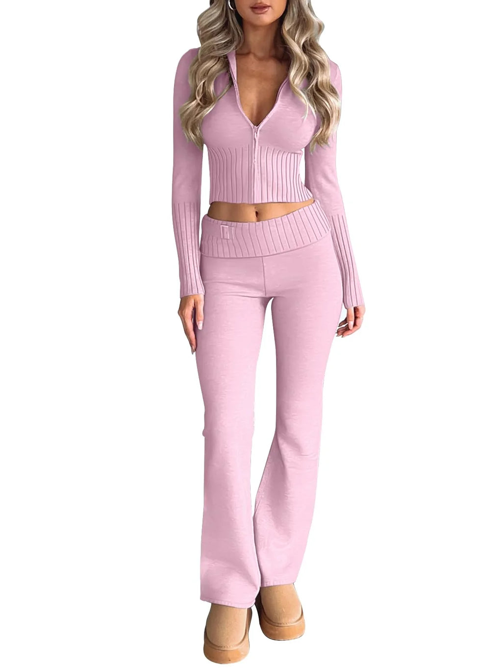 Private Label Women’s Knit Two Piece Set with Zip Crop Top and Wide Leg Sweater Pants for Fall Retail & Brand Custom Orders