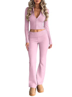 Private Label Women’s Knit Two Piece Set with Zip Crop Top and Wide Leg Sweater Pants for Fall Retail & Brand Custom Orders