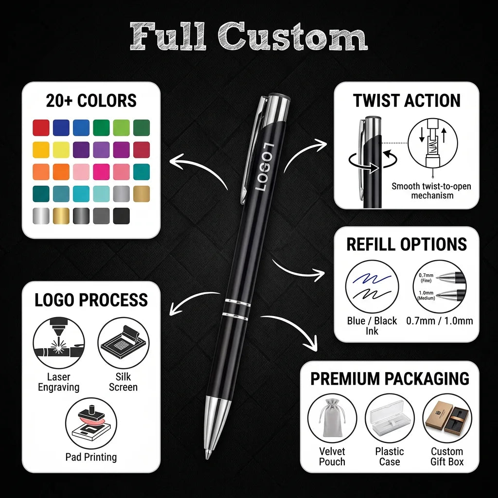 Laser Engraved Metal Pens: 7-Day Lead, 140x10mm, Custom Logo | Promotional Ballpoint Gifts