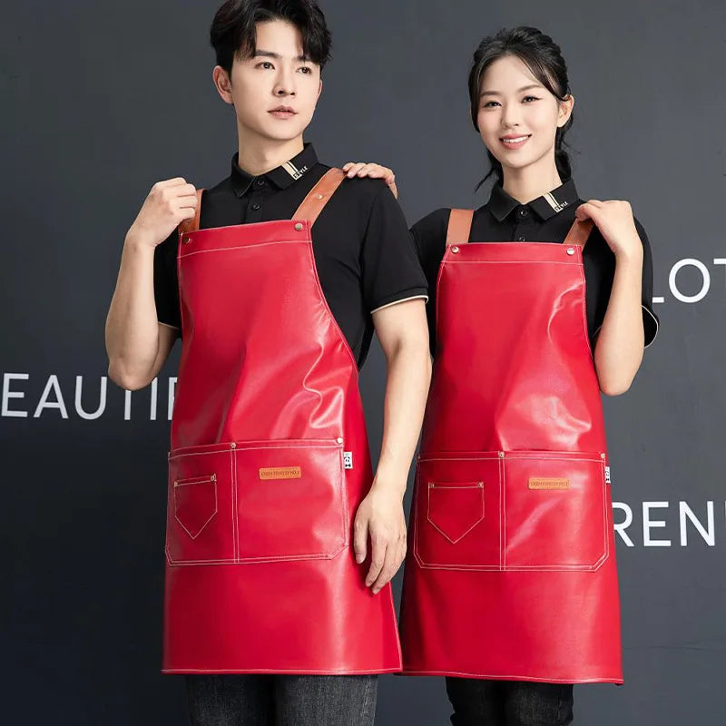 Custom PU Leather Sleeved Aprons with Logo | 50 MOQ for Restaurant Kitchen & Catering Staff Uniforms