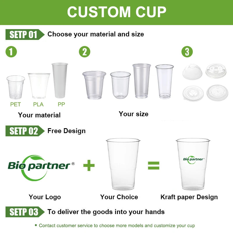 Custom PLA Biodegradable Cold Drink Cups 12-32oz | 100% Compostable BPA-Free
