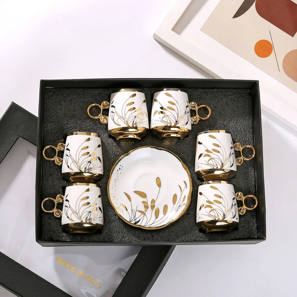 Gold Rimmed Arabic Coffee Cup Set 6pcs | 200 Logo MOQ | EU Certified