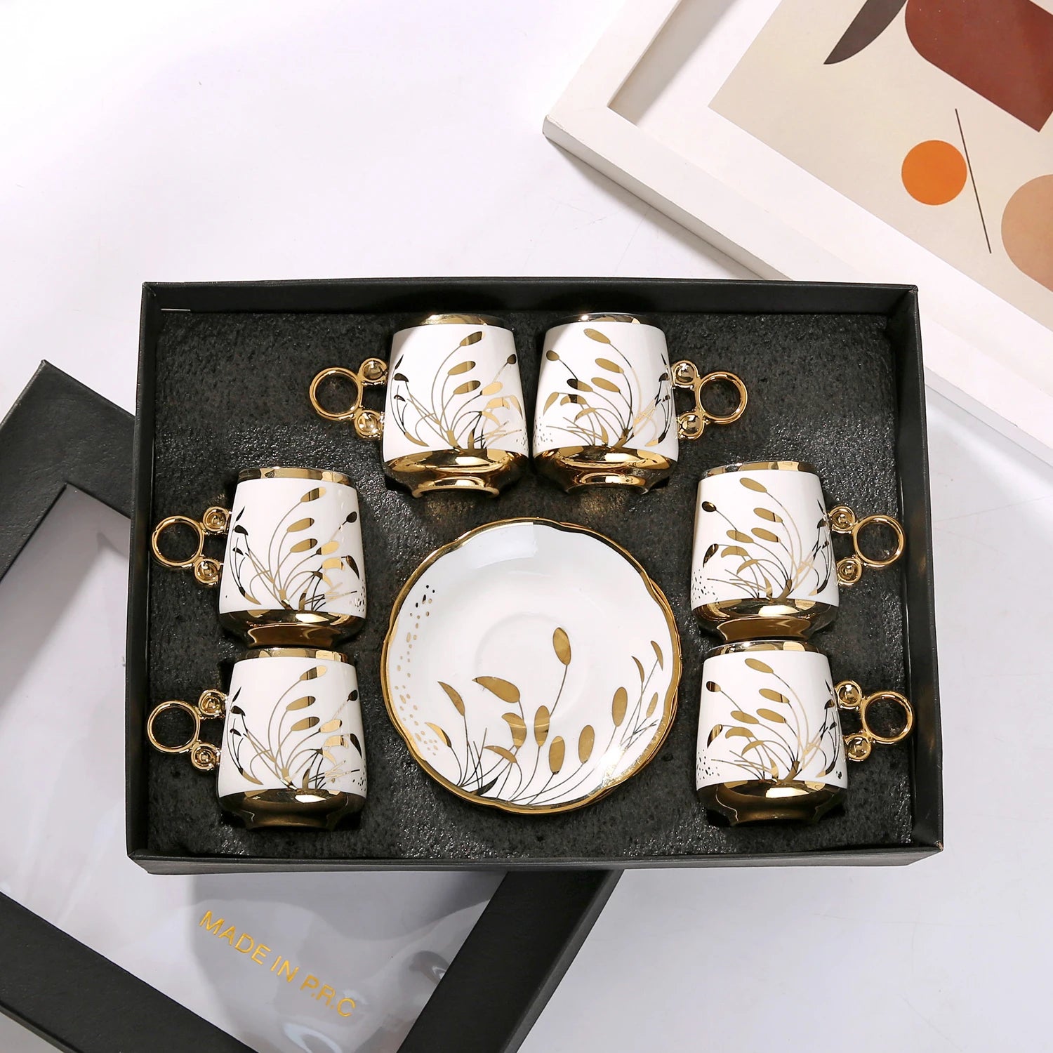 Gold Rimmed Arabic Coffee Cup Set 6pcs | 200 Logo MOQ | EU Certified
