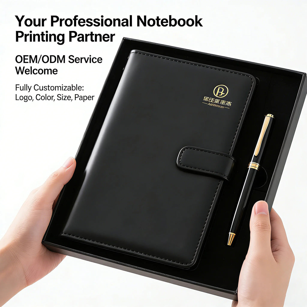Custom PU Leather Notebook & Pen Set 500pcs MOQ | A5 Hardcover, Hot Stamp Logo, Gift Set