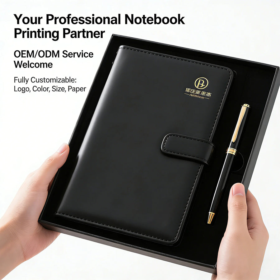 Custom PU Leather Notebook & Pen Set 500pcs MOQ | A5 Hardcover, Hot Stamp Logo, Gift Set